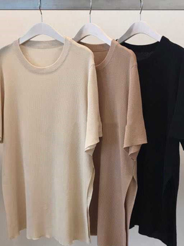 Casual Solid Color Split-Side Round-Neck Half Sleeves T-Shirt+Wide Leg Pants 2 Pieces Set