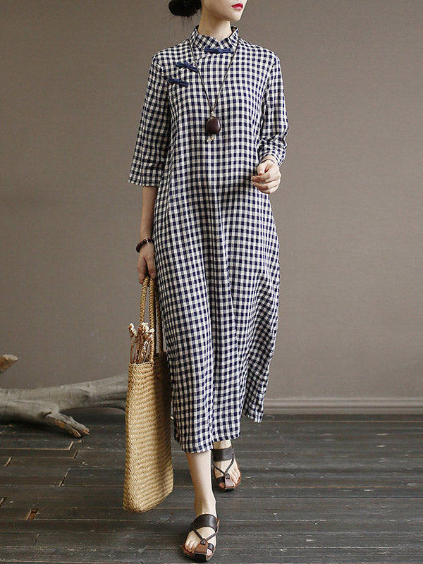 Original Plaid Half Sleeve Stand Collar Long Cheongsams