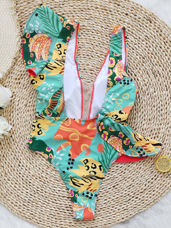 Printed Falbala One Shoulder One-Piece Swimsuit