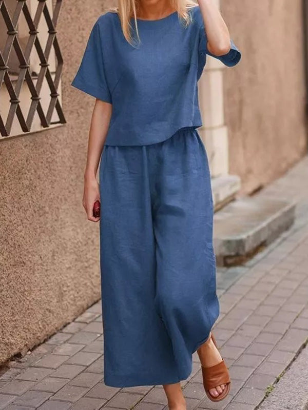 Simple Solid Color Short Sleeves Shirts& Wide Leg Pants Set