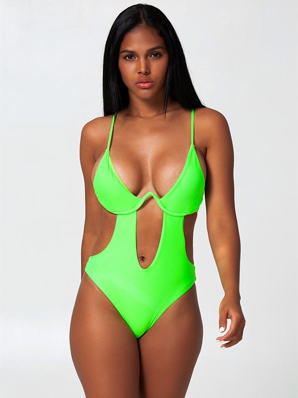 Sexy Deep V-Neck Padded Hollow One-Piece Bikini Swimwear