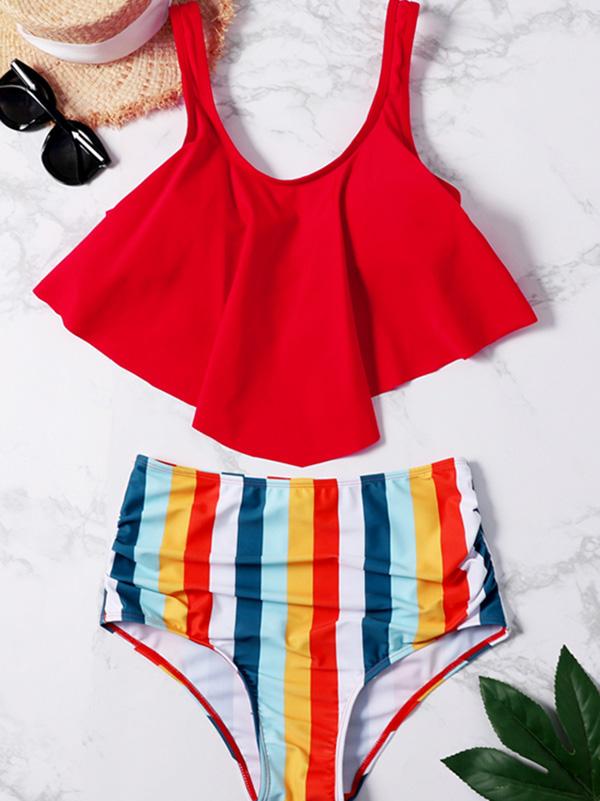 Plain Ruffle Top With Stripe Panty Bikini Set