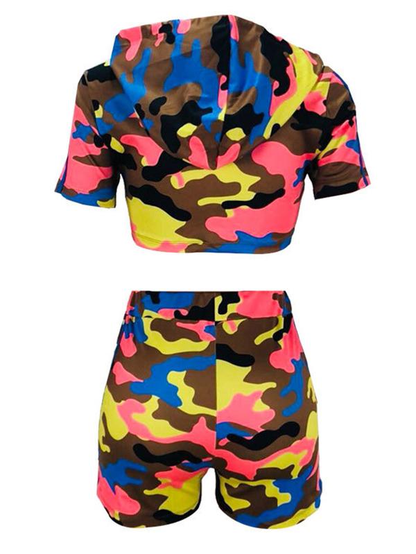 Camo Printed Crop Hoodies And Shorts Suits