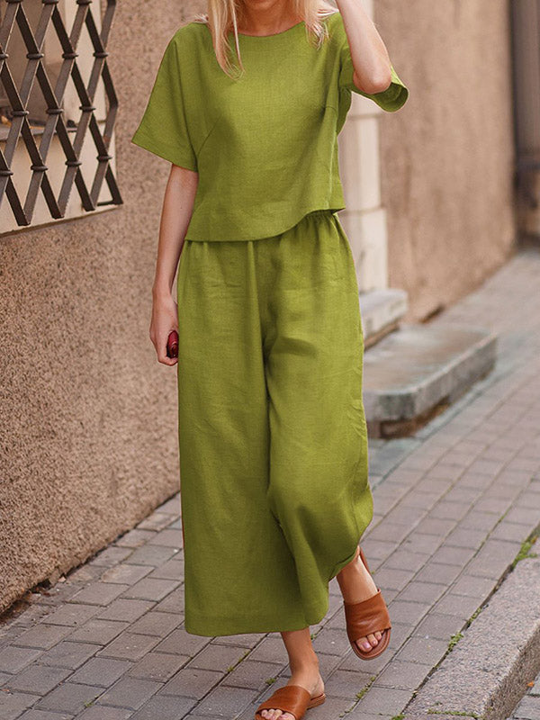 Simple Solid Color Short Sleeves Shirts& Wide Leg Pants Set