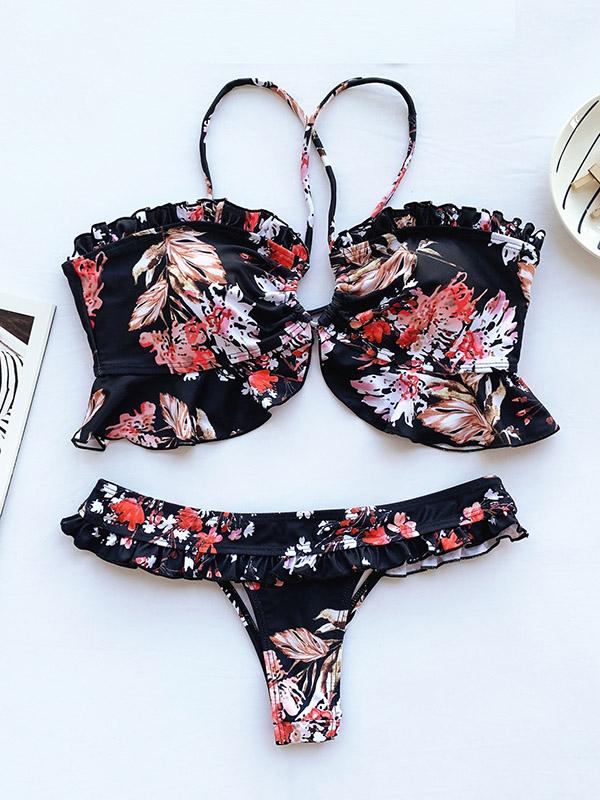 Floral-Print Falbala Split Bikini Swimsuit