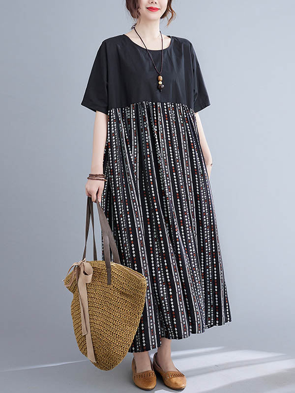 Casual Split-Joint Printed Round-Neck Half Sleeves Loose Midi Dress