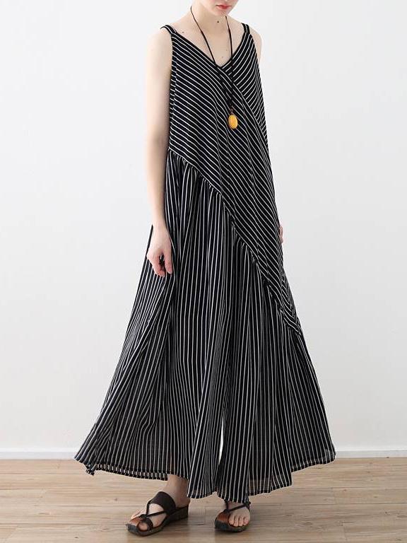 Loose Striped Split-joint Wide-leg Sleeveless V-neck Jumpsuits