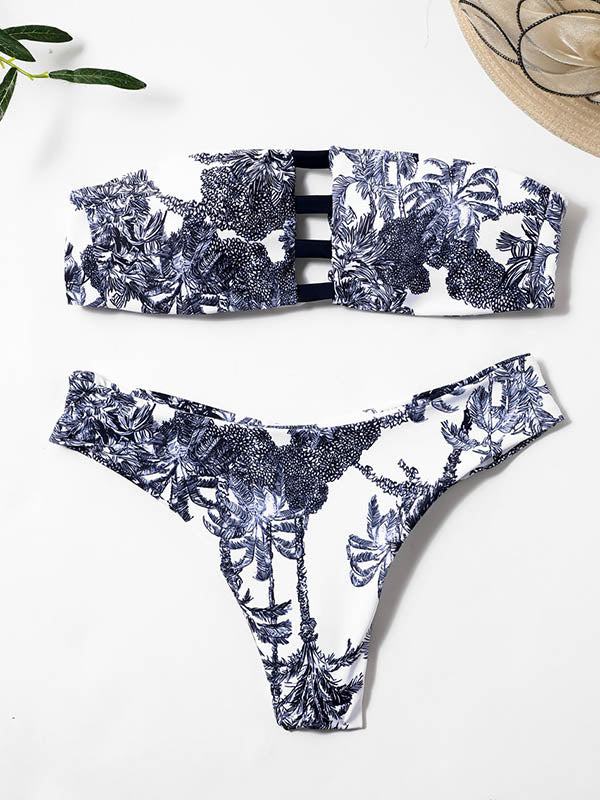 Bandeau Floral Printed Adjustable High-Waisted Bikini Swimwear