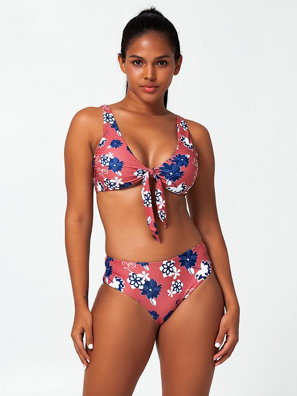 Sexy V-Neck Knotted Printing Split Bikini Swimsuit