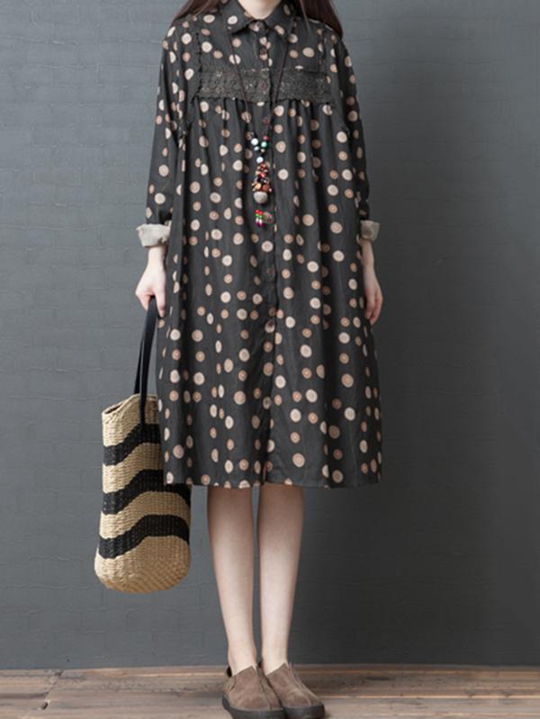 Loose Plus Size Polka-dot Fresh Shirt Midi Dresses