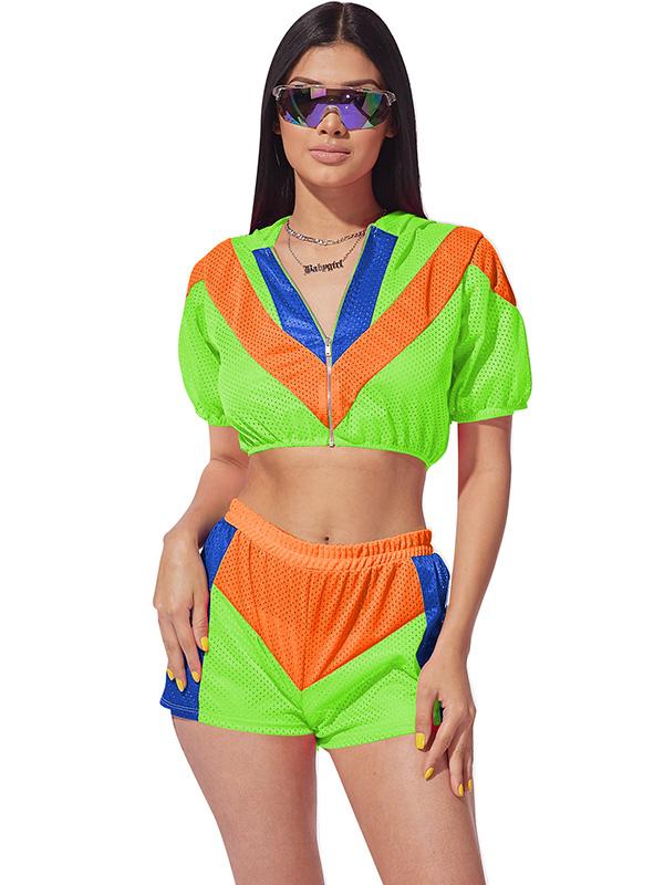 Mesh Zipper Colorful Tee And Shorts Suits