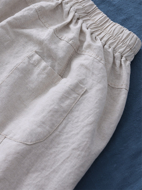 Simple Loose Linen Solid Color Split-Joint Pleated Drawstring Casual Pants