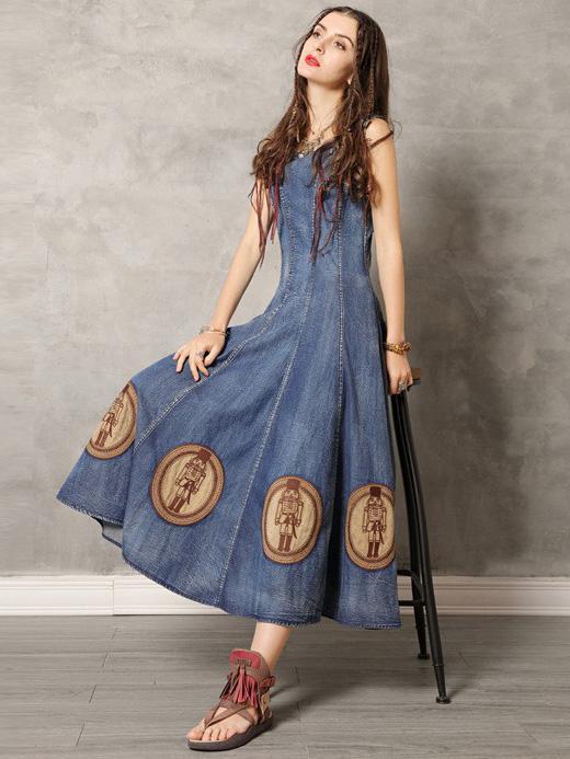 Vintage Embroidered Denim Vest Dress