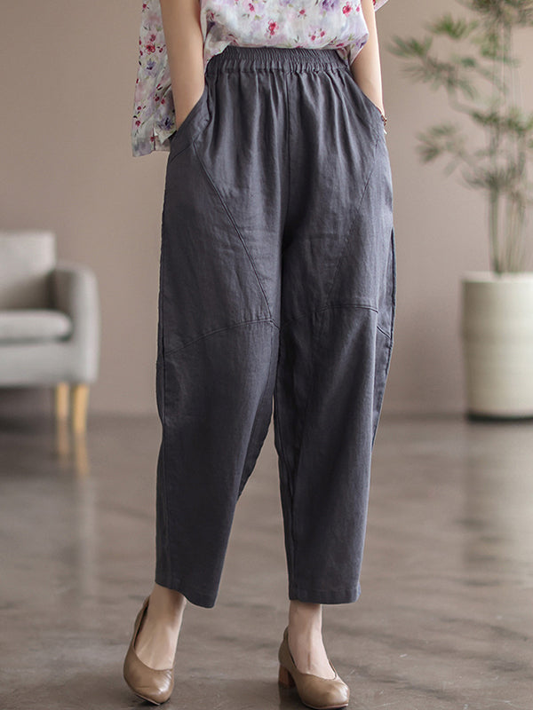 Simple Linen Solid Color Split-Joint Harem Pants