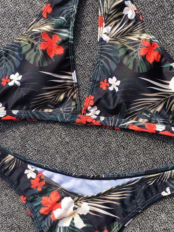 Halter Hollow Floral Bikini Swimsuit