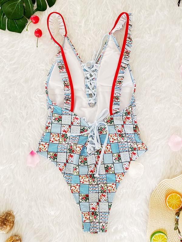 Printed Sexy Lace-Up One-piece Swimwear