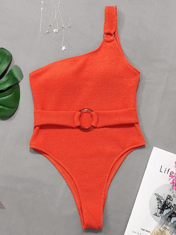 One Shoulder Waist Buckle One-Piece Swimwear