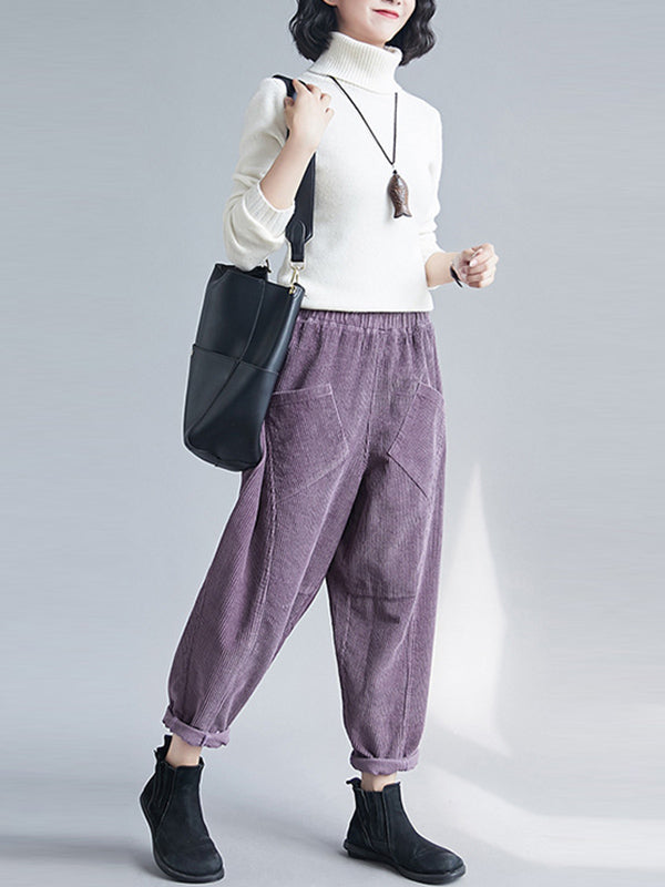 Casual Solid Color Split-Joint With Pocket Elasticity Wide Legs Corduroy Harem Pants