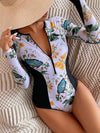 Long Sleeves Zipper Floral Printed Split-Joint One-Piece Wetsuits