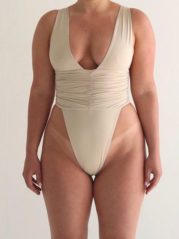 Deep V-Neck Solid Color One-Piece Swimwear