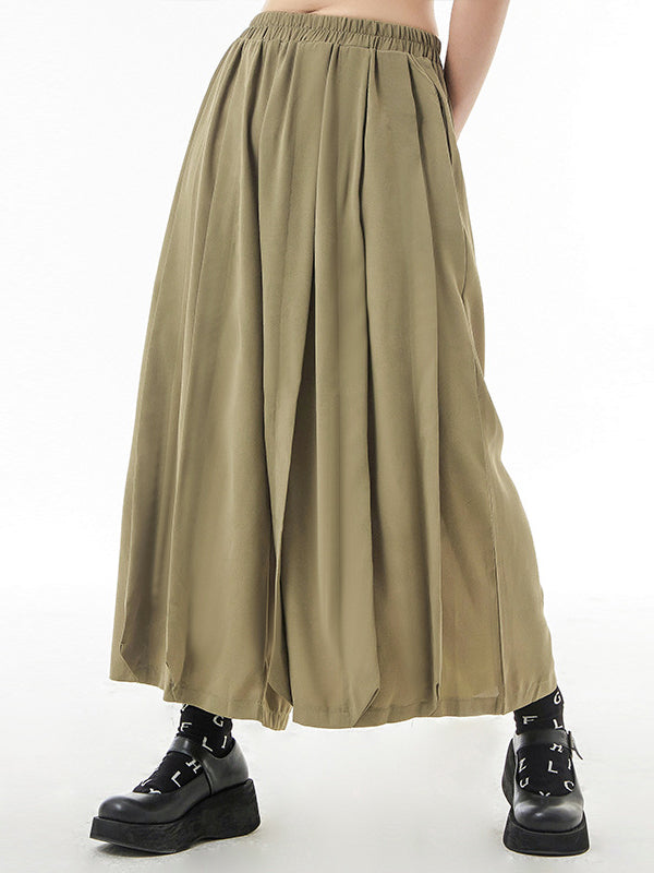 Casual Elasticity Waisted Solid Color Wide Leg Pleated Pants