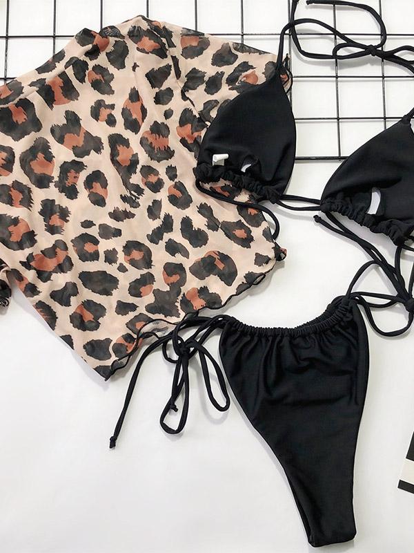 Leopard Print Half Sleeve Bikinisthree-Piece Set