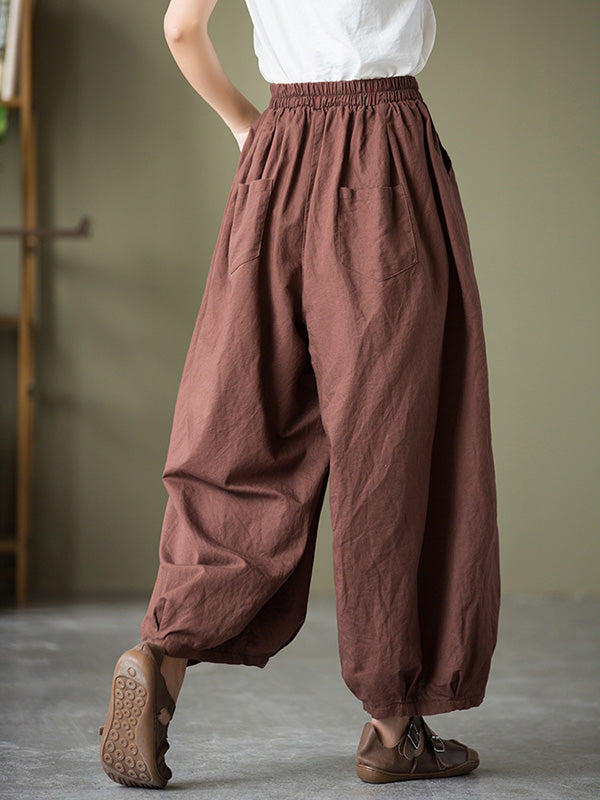 Simple Loose Linen Solid Color Pleated Drawstring Wide Legs Knickerbockers