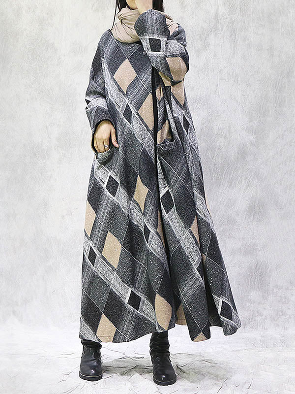 Artistic Retro Plus Size Plaid Long Sleeves Coat