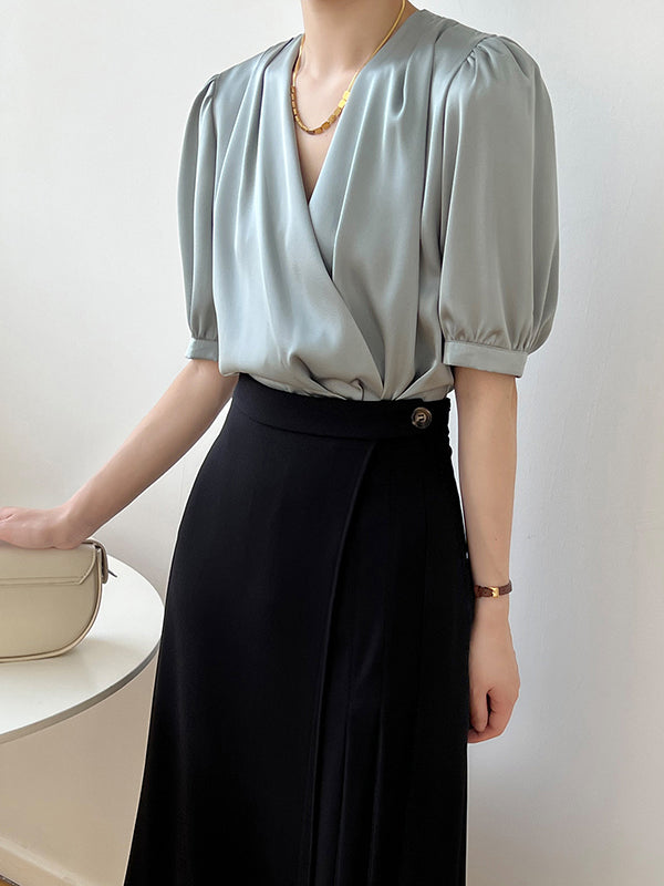 Office V-Neck Half Sleeves Solid Color Blouse