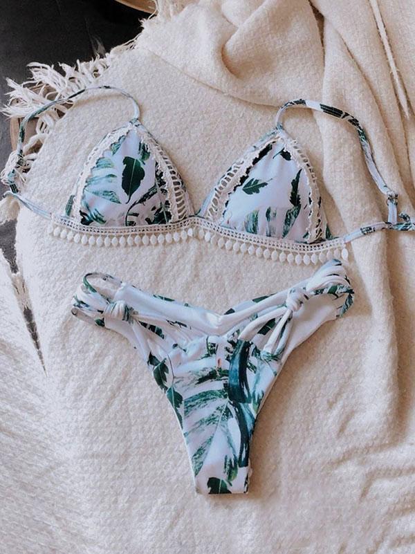 Floral-Print Lace Split-Joint Triangles Split Bikini Swimsuit