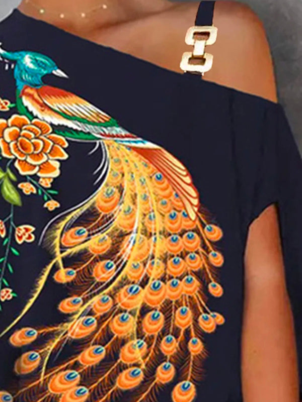 Original Asymmetric One-Shoulder Peacock Printed Top