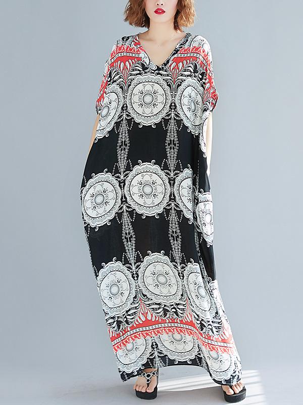 Loose Plus Size National Printed Maxi Dresses