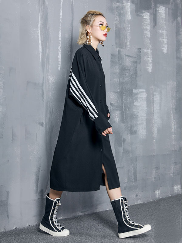 Loose Split-joint Striped Lapel Shirt Dress