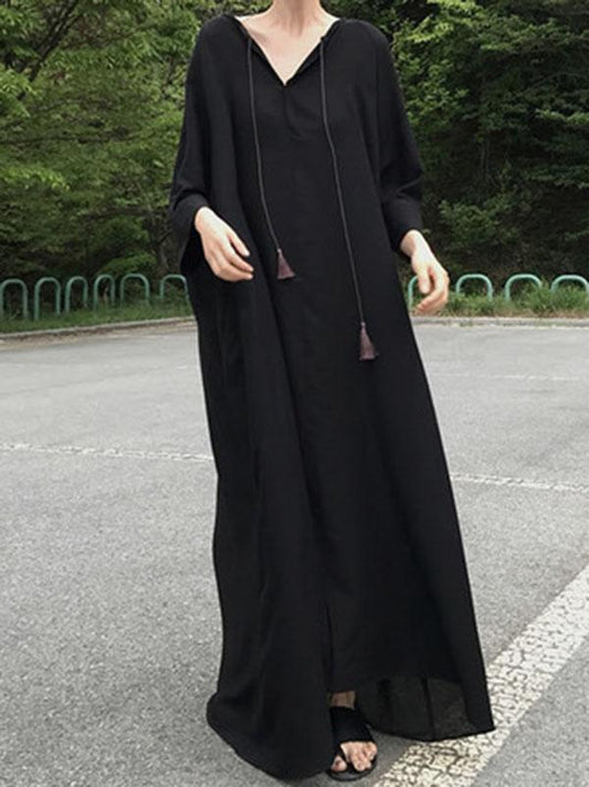 Black Vintage Daily Long Dress with Ropes on the Neck