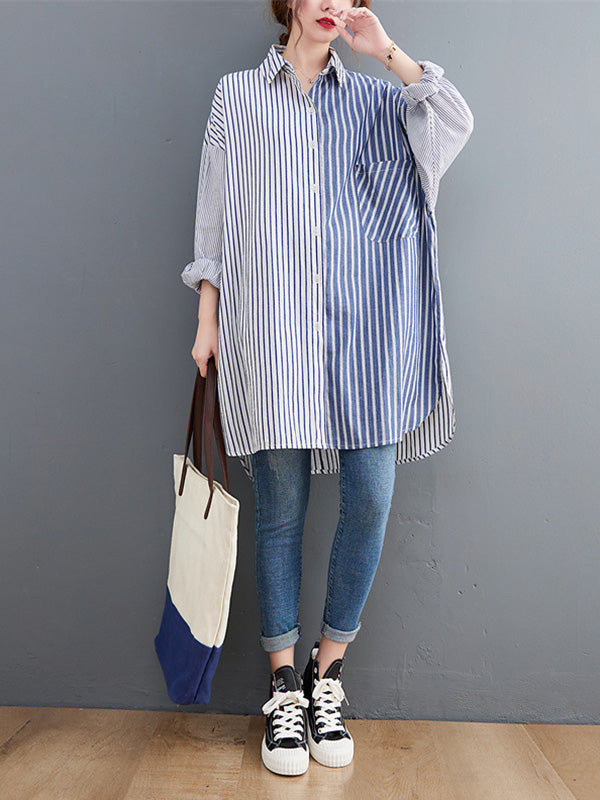 Artistic Retro Loose Striped Split-Joint With Pocket Buttoned Split-Side High-Low Lapel Collar Long Sleeves Blouse