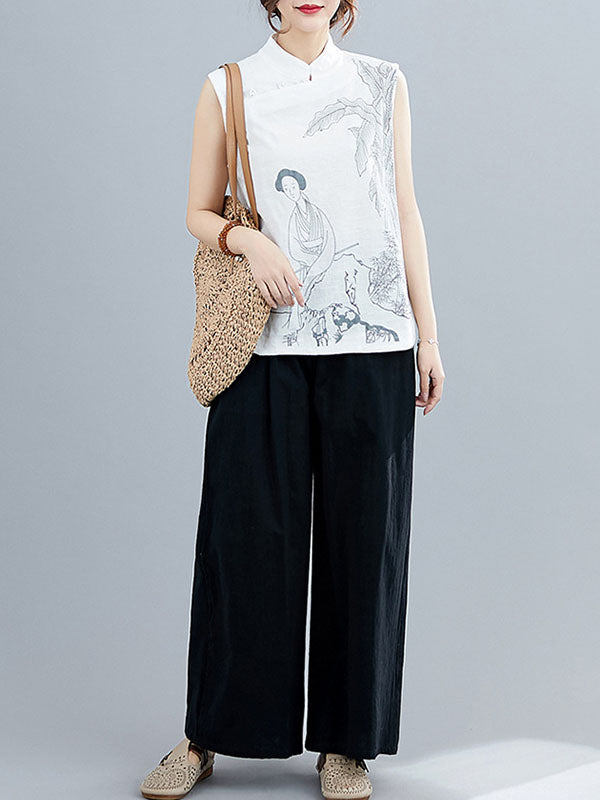 Artistic Retro Chinese-Style Printed Buttoned Stand Collar Sleeveless Vest