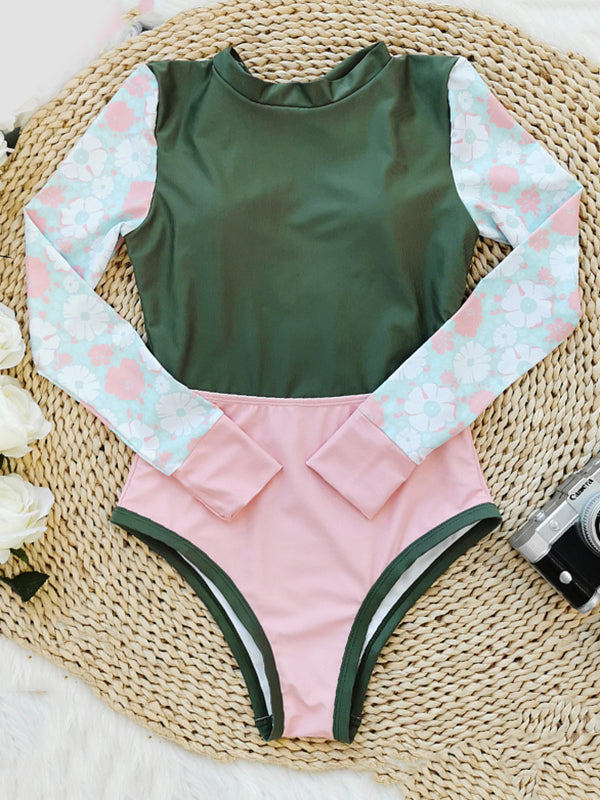 Floral Long Sleeve Split-Joint Contrast Color Backless One-Piece Wetsuit