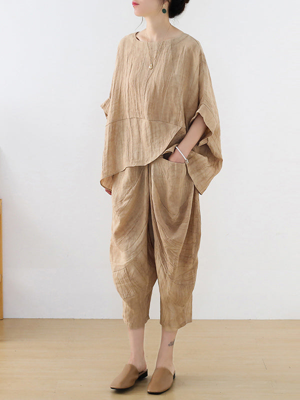 Vintage Linen Loose Split-Joint Round-Neck Batwing Sleeves T-Shirt+Elasticity Wide Leg Pants 2 Pieces Set