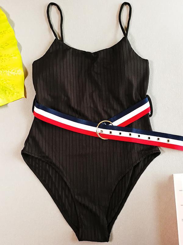 Plain Striped Belt One-piece Swimwear