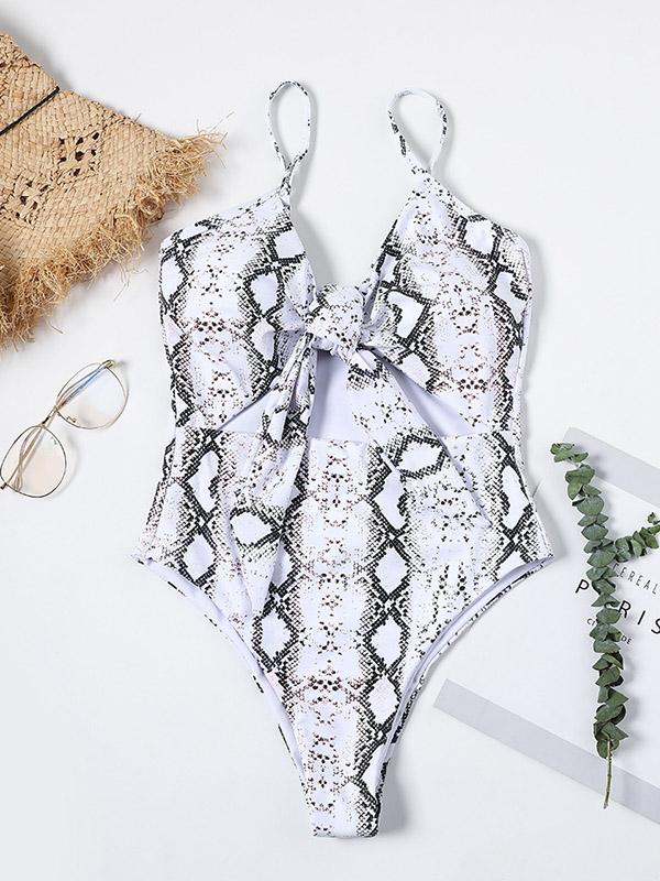 Printed Spaghetti-neck Knot One-piece Swimsuit