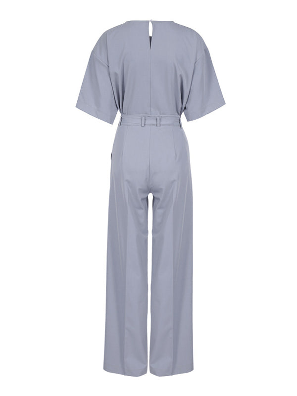 Casual Solid Color Zipper Buttoned Round-Neck Half Sleeves T-Shirt+Tied Wide Leg Pants 2 Pieces Set