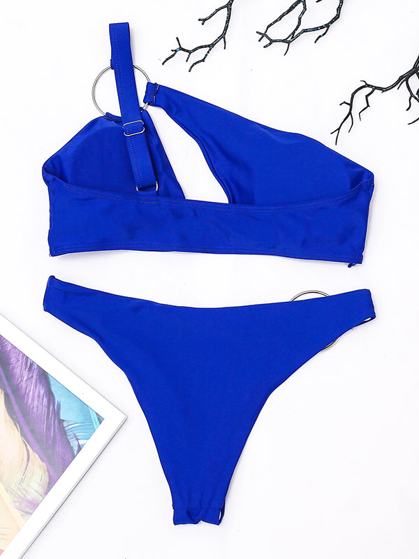 Blue Hollow One-Shoulder Bikini Swimsuit