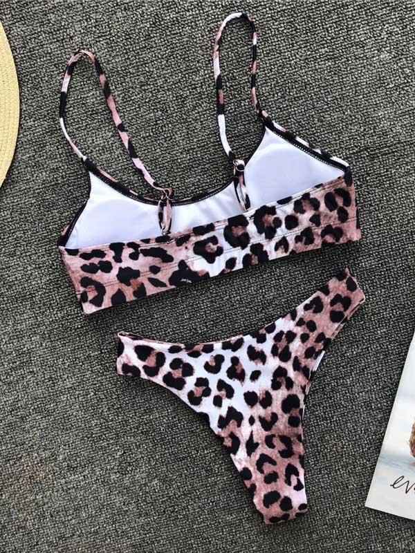 Leopard Plunge Neck Top With Panty Bikini Set