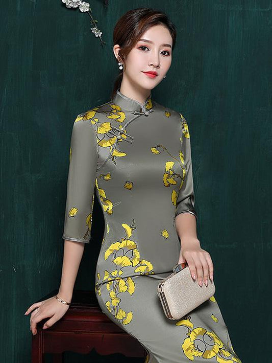 Mulberry Silk Floral Split-side Stand-collar Long Cheongsam