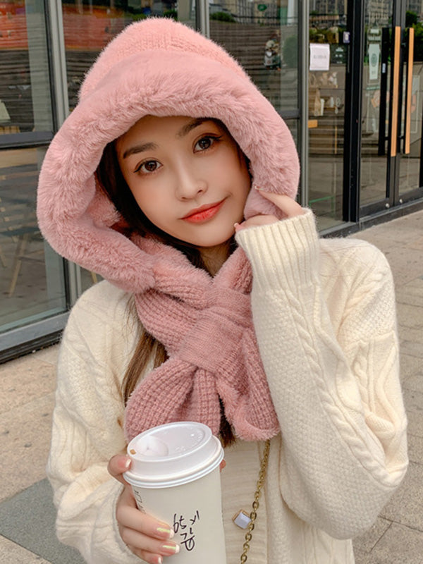 Casual Warm Solid Color With Scarf Knitted Hat