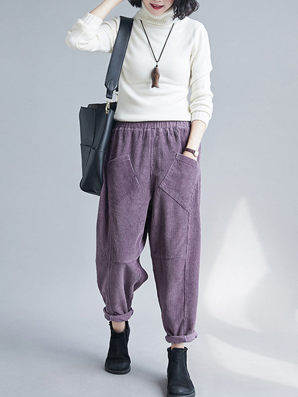 Casual Solid Color Split-Joint With Pocket Elasticity Wide Legs Corduroy Harem Pants