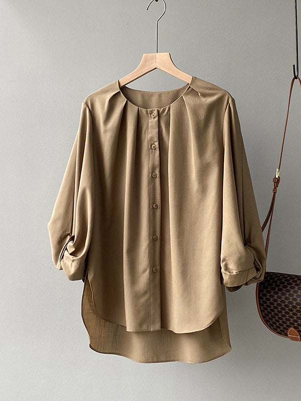 Casual Solid Color Pleated Buttoned Round-Neck Puff Sleeves Blouse