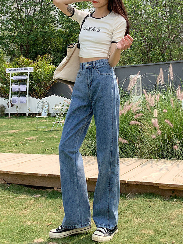 Simple High Waisted Wide Leg Jean Pants Bottoms