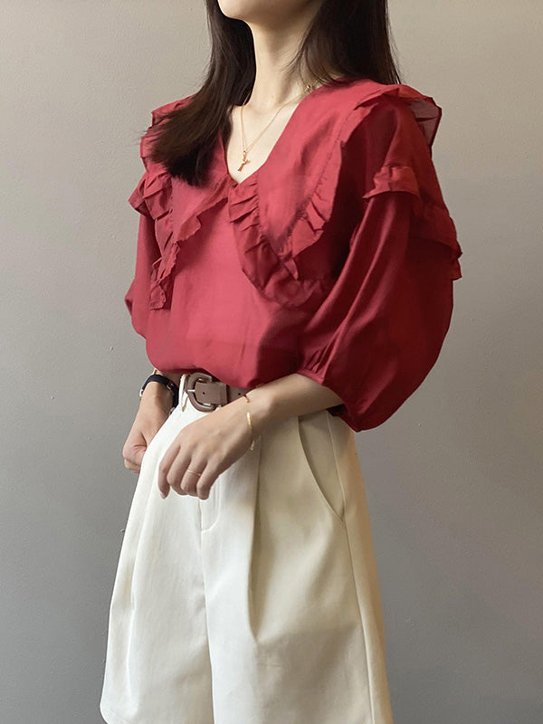 Stylish Solid Color Split-Joint Falbala V-Neck Half Sleeves Blouse