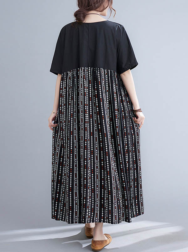 Casual Split-Joint Printed Round-Neck Half Sleeves Loose Midi Dress